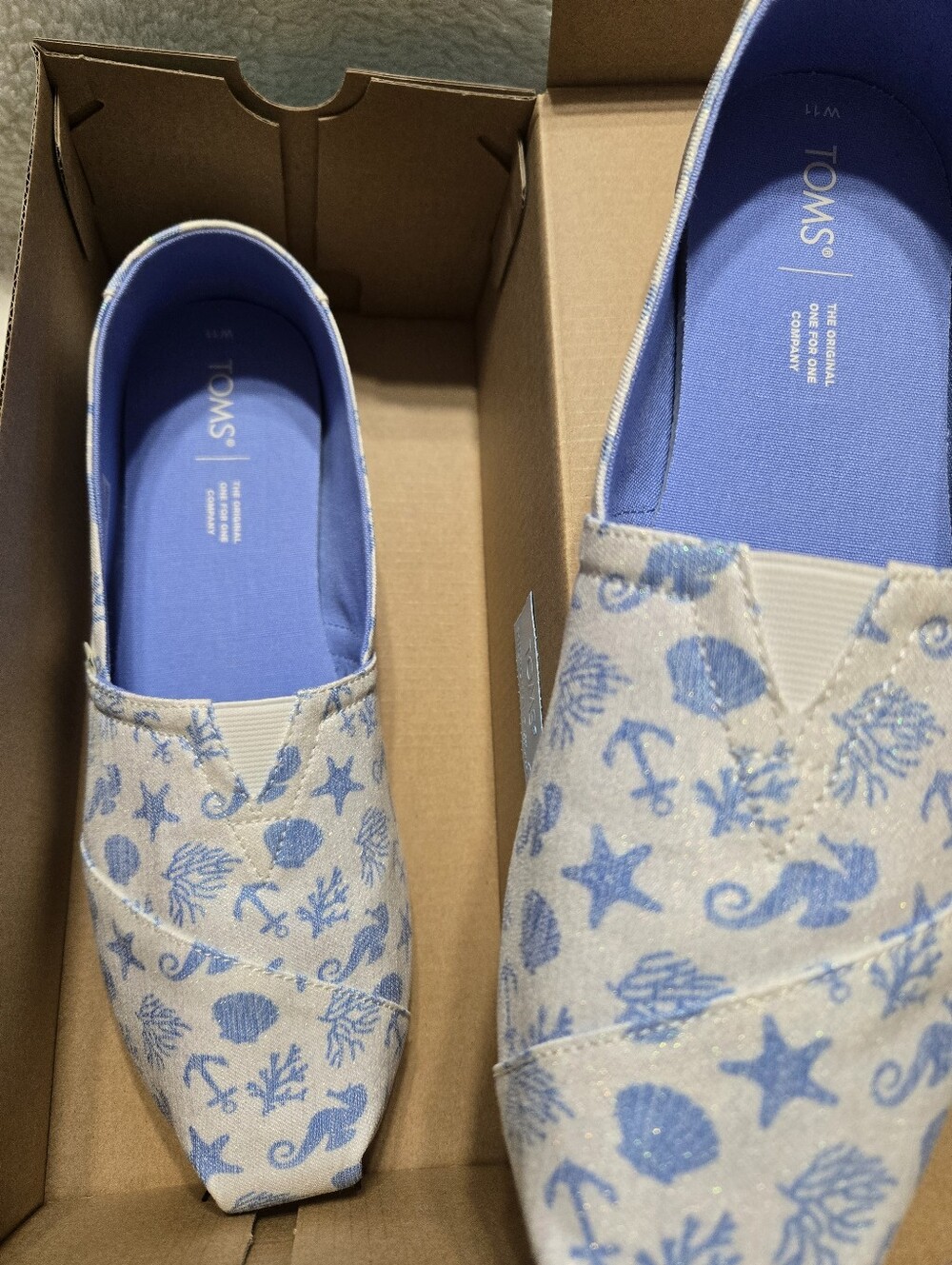 Toms White Shimmer Woven Seahorse Seashell Pattern Alpargata Shoes Size 11 NIB